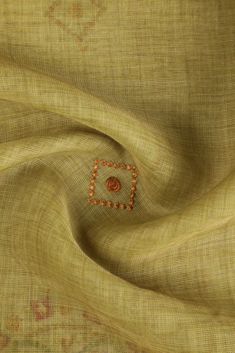 Olive Green Tissue Silk Sarees with Gold Zari Geometric Shapes view 4