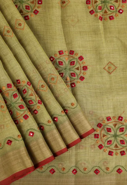 Olive Green Tissue Silk Sarees with Gold Zari Geometric Shapes