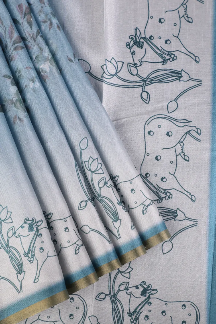 Stone Blue Soft Silk Sarees with Gold Zari Floral Patterns