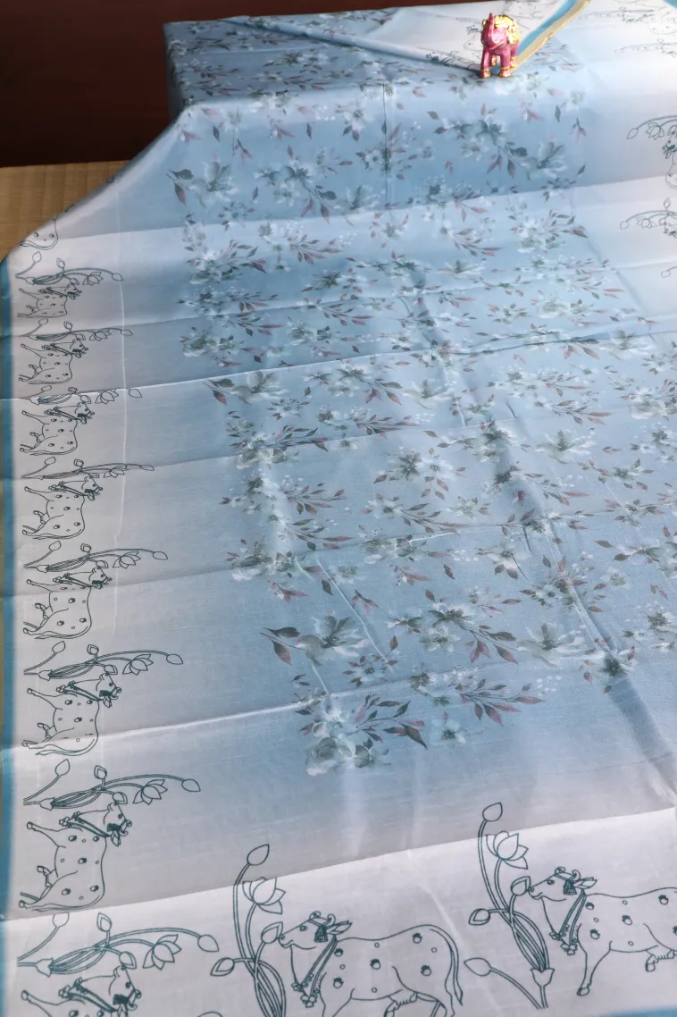 Stone Blue Soft Silk Sarees with Gold Zari Floral Patterns view 2