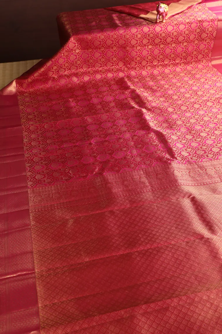 Punch Pink Kanchipuram Silk Sarees with Gold Zari Floral Patterns view 2