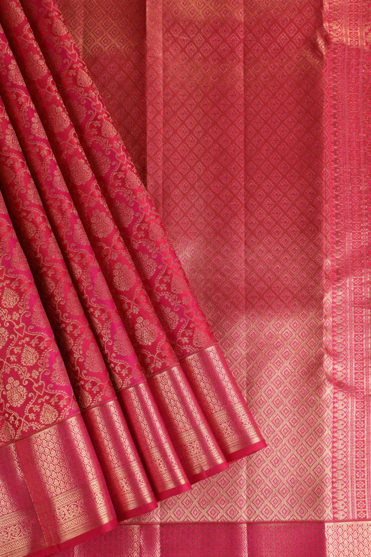Punch Pink Kanchipuram Silk Sarees with Gold Zari Floral Patterns view 1