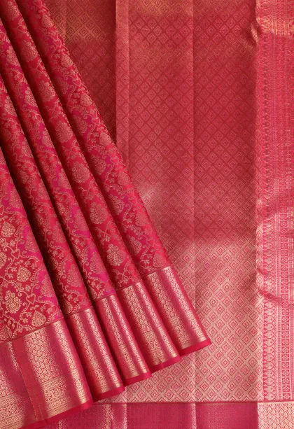 Punch Pink Kanchipuram Silk Sarees with Gold Zari Floral Patterns
