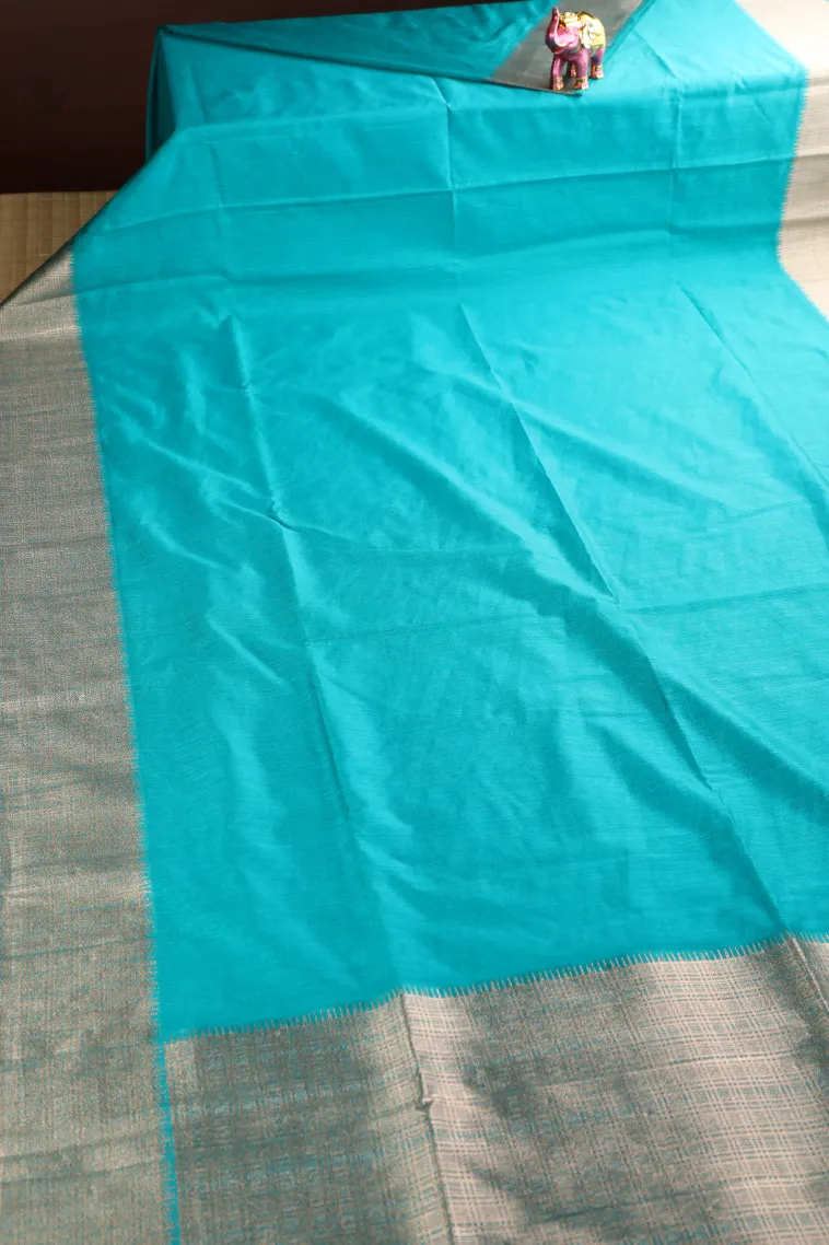Sapphire Blue Semi Tussar Silk with Gold Zari Plain view 2