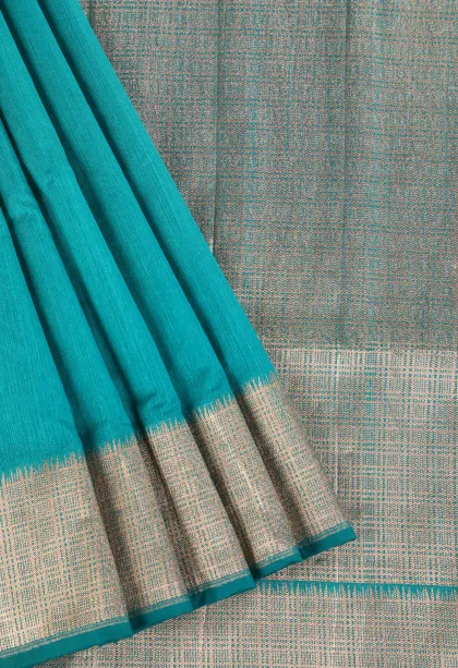 Sapphire Blue Semi Tussar Silk with Gold Zari Plain