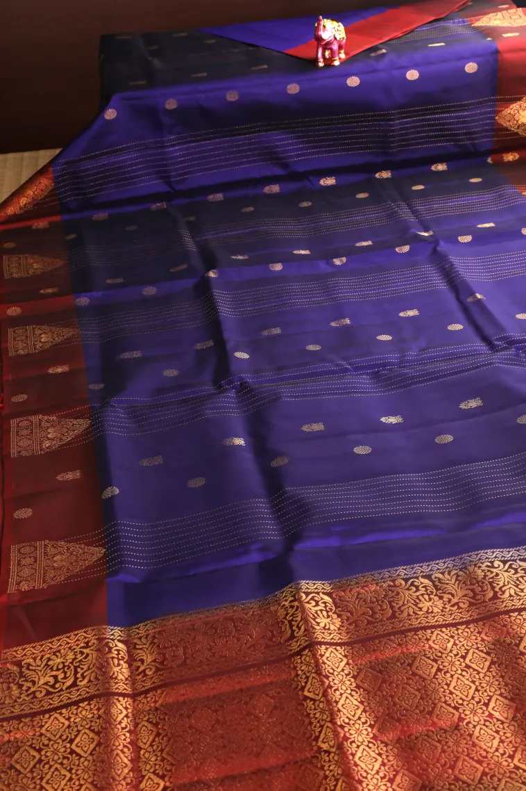 Berry Blue Soft Silk Saree with Gold Zari Stripes And Puttas view 2