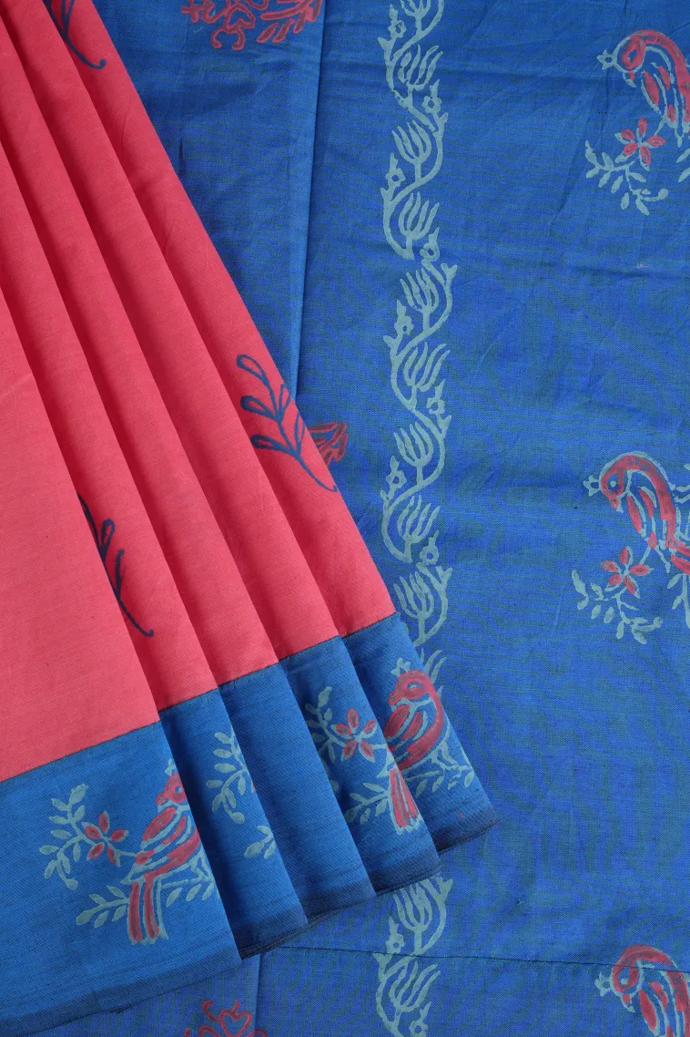Punch Pink Poly Cotton Sarees Without Zari With Leaf Puttas view 1