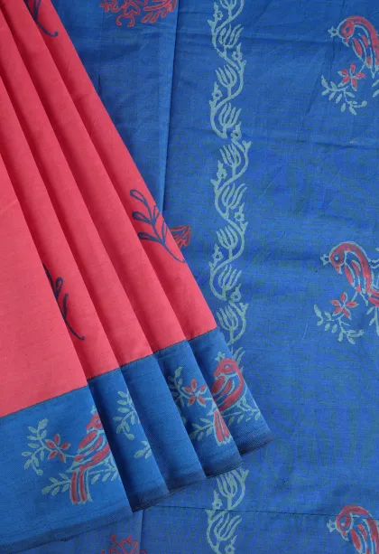 Punch Pink Poly Cotton Sarees Without Zari With Leaf Puttas