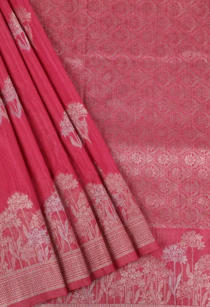 Punch Pink Banaras Sarees with Gold And Silver Zari Flower Mottif