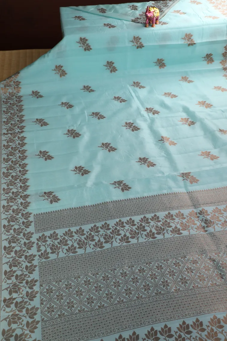 Sky Blue Raw Silk Sarees with Copper Zari Flower Mottif view 2