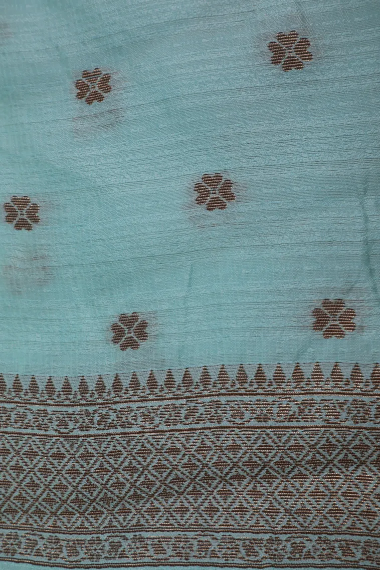 Sky Blue Raw Silk Sarees with Copper Zari Flower Mottif view 3