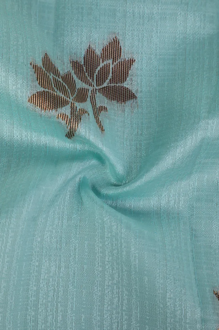 Sky Blue Raw Silk Sarees with Copper Zari Flower Mottif view 4