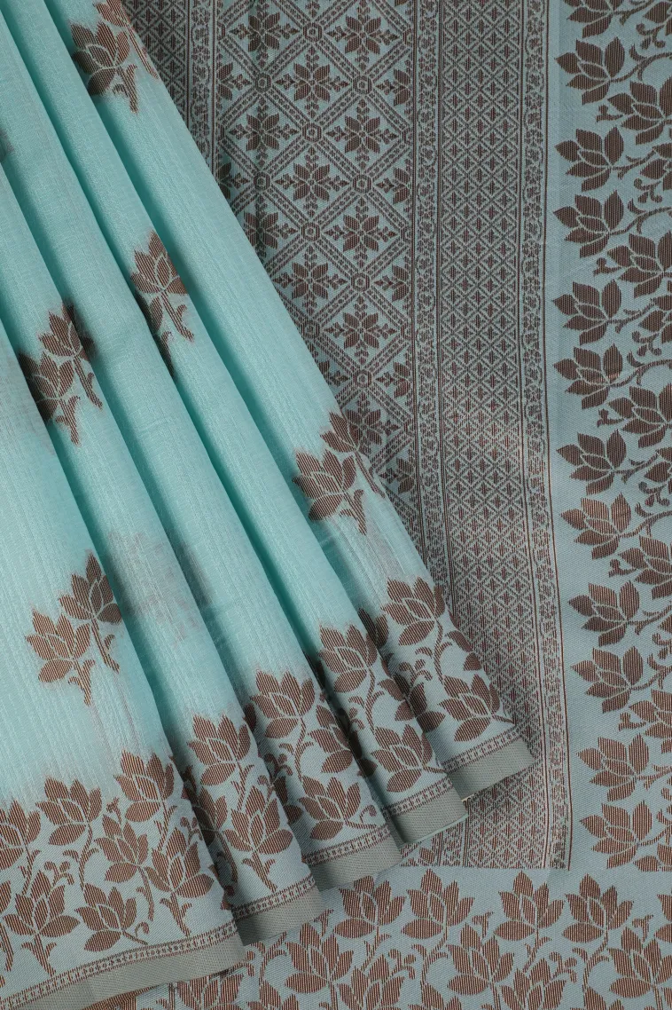 Sky Blue Raw Silk Sarees with Copper Zari Flower Mottif view 1