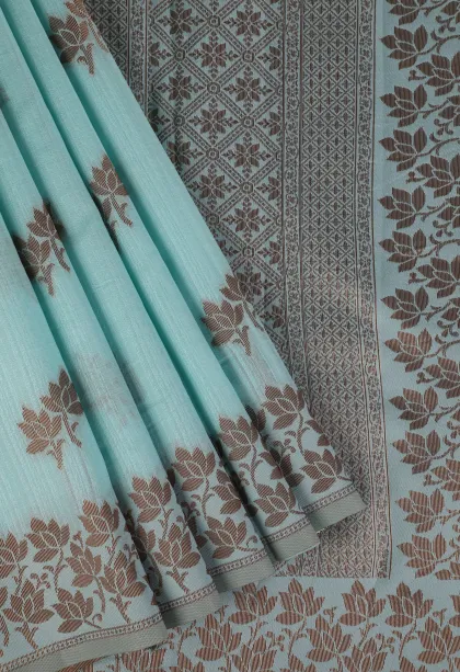 Sky Blue Raw Silk Sarees with Copper Zari Flower Mottif