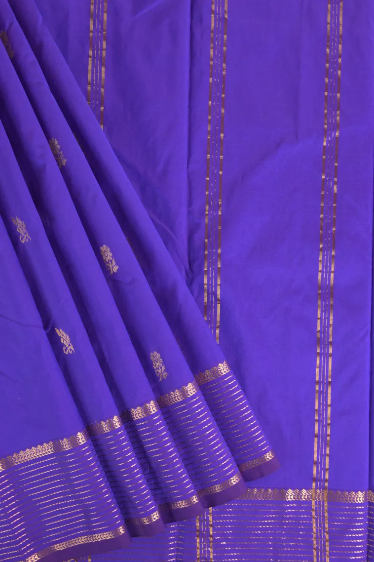 Berry Blue Soft Silk Saree with Gold Zari Flower Mottif