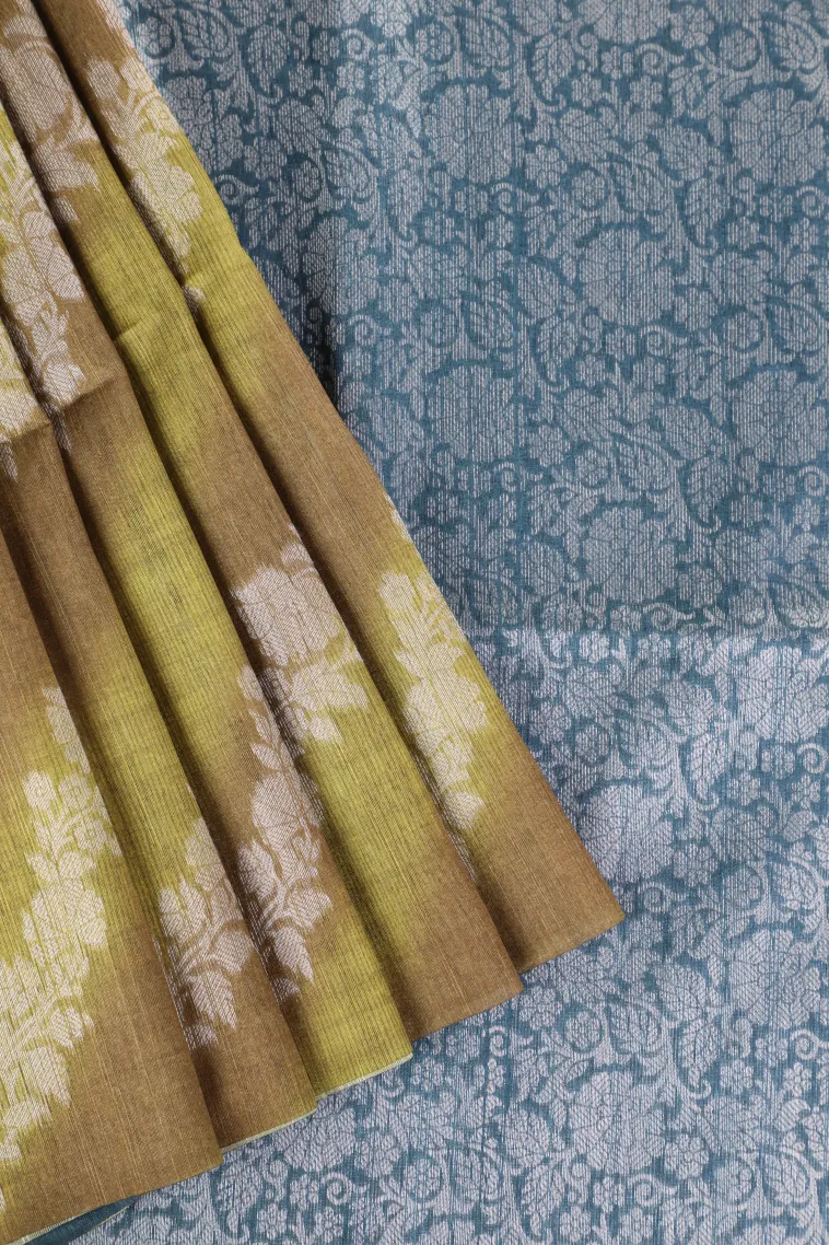 Olive Green Tussar Saree with Bronze Zari Cross Stripes view 1