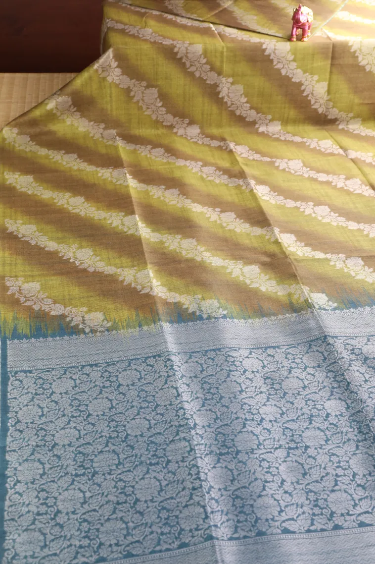 Olive Green Tussar Saree with Bronze Zari Cross Stripes view 2
