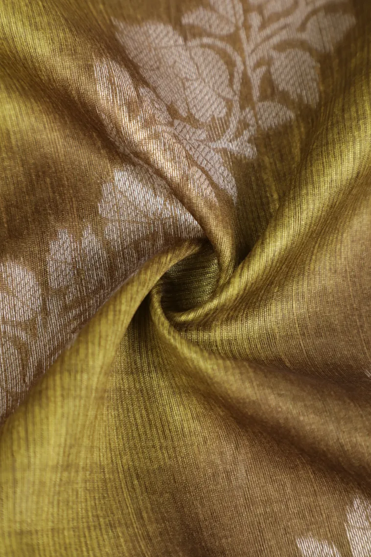 Olive Green Tussar Saree with Bronze Zari Cross Stripes view 4