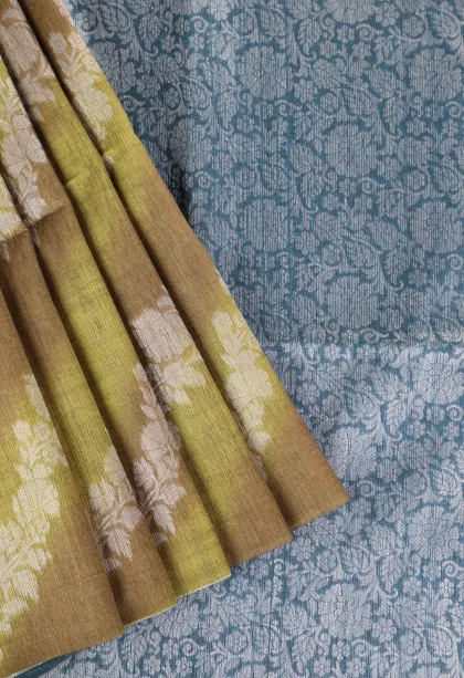 Olive Green Tussar Saree with Bronze Zari Cross Stripes