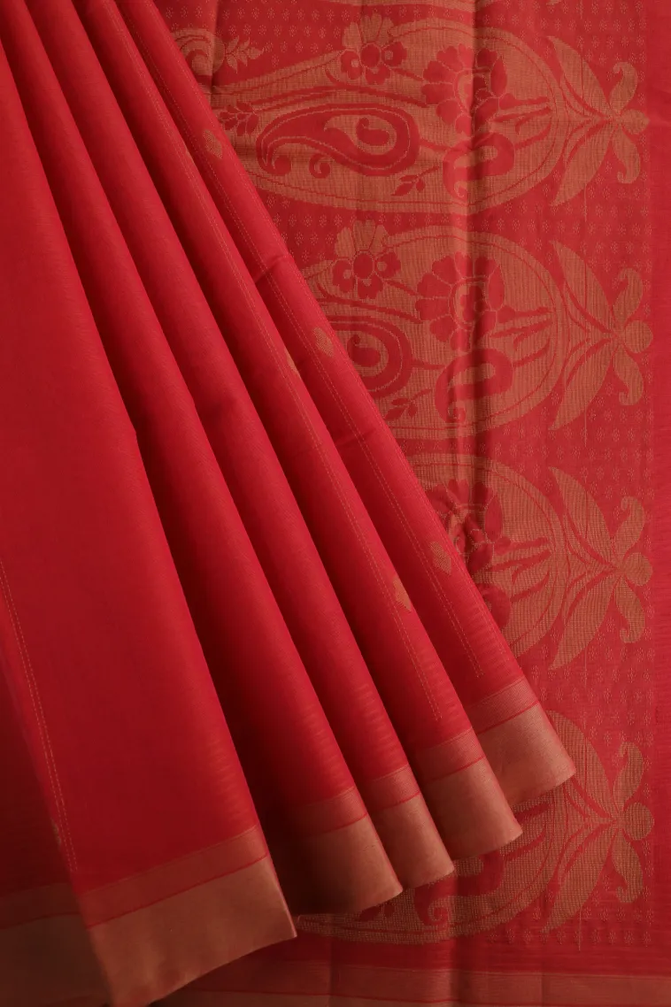 Candy Red Kanchi Cotton Sarees Without Zari With Stripes And Puttas