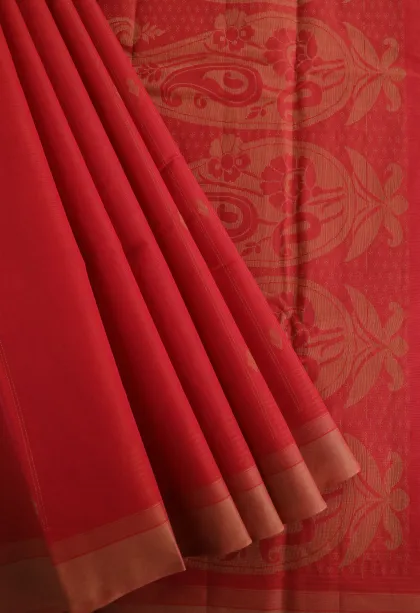 Candy Red Kanchi Cotton Sarees Without Zari With Stripes And Puttas