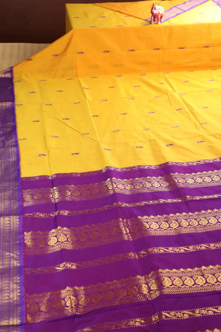 Lemon Yellow Kalyani Cotton with Gold Zari Mango Puttas view 2