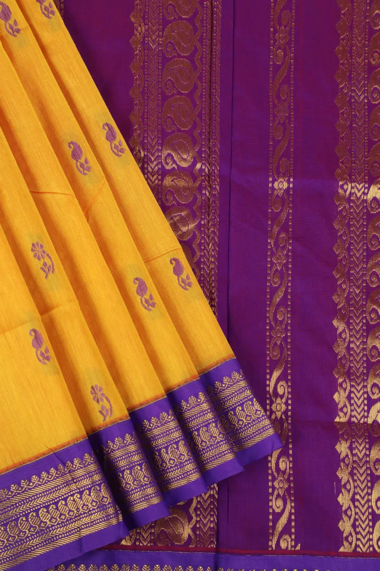 Lemon Yellow Kalyani Cotton with Gold Zari Mango Puttas