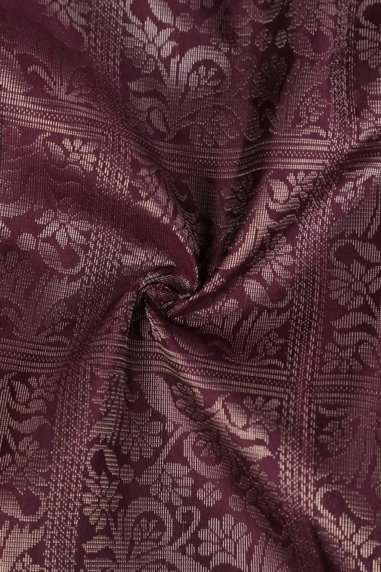 Sangria Purple Soft Silk Saree with Silver Zari Floral Patterns view 4