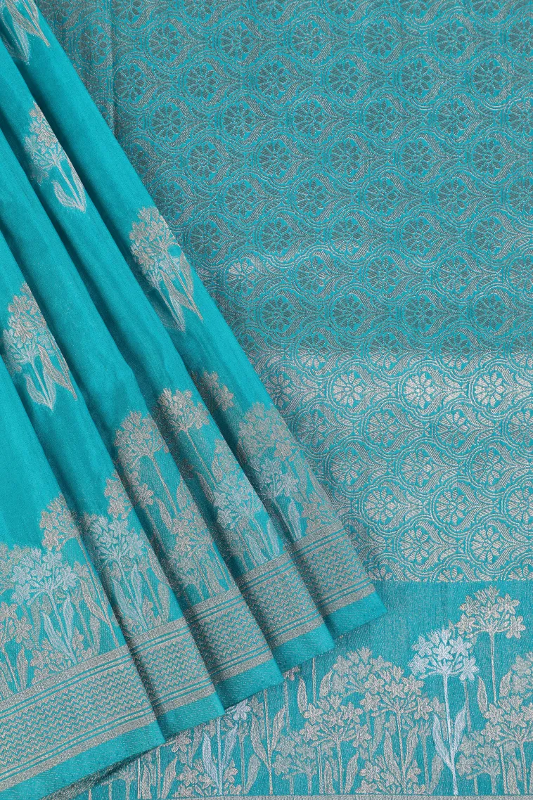 Cerulean Blue Banaras Sarees with Gold And Silver Zari Flower Mottif
