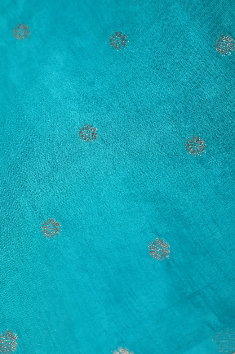 Cerulean Blue Banaras Sarees with Gold And Silver Zari Flower Mottif view 3