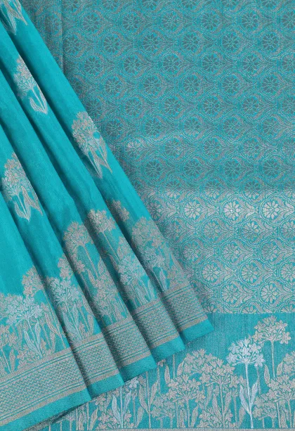 Cerulean Blue Banaras Sarees with Gold And Silver Zari Flower Mottif