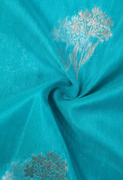 Cerulean Blue Banaras Sarees with Gold And Silver Zari Flower Mottif