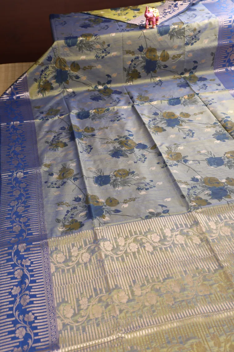 Stone Blue Semi Tussar Silk with Bronze Zari Floral Patterns view 2