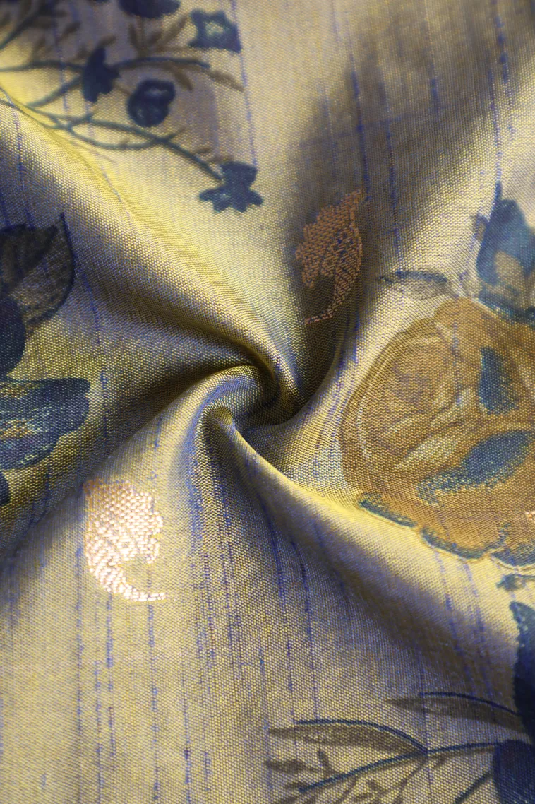 Stone Blue Semi Tussar Silk with Bronze Zari Floral Patterns view 4