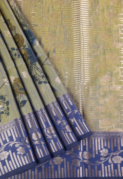 Stone Blue Semi Tussar Silk with Bronze Zari Floral Patterns