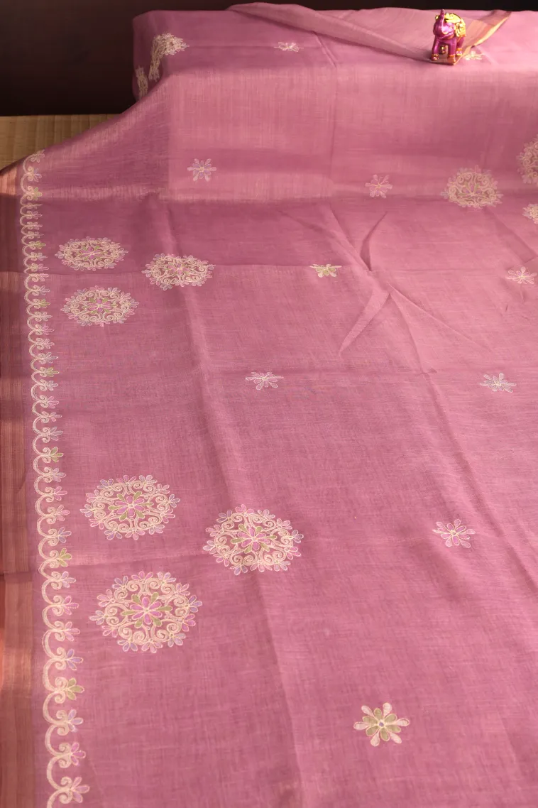 Lemonade Pink Tissue Silk Sarees with Gold Zari Rangoli Pattren view 2