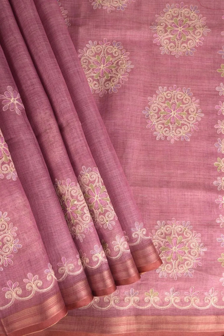 Lemonade Pink Tissue Silk Sarees with Gold Zari Rangoli Pattren