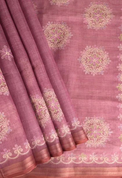 Lemonade Pink Tissue Silk Sarees with Gold Zari Rangoli Pattren