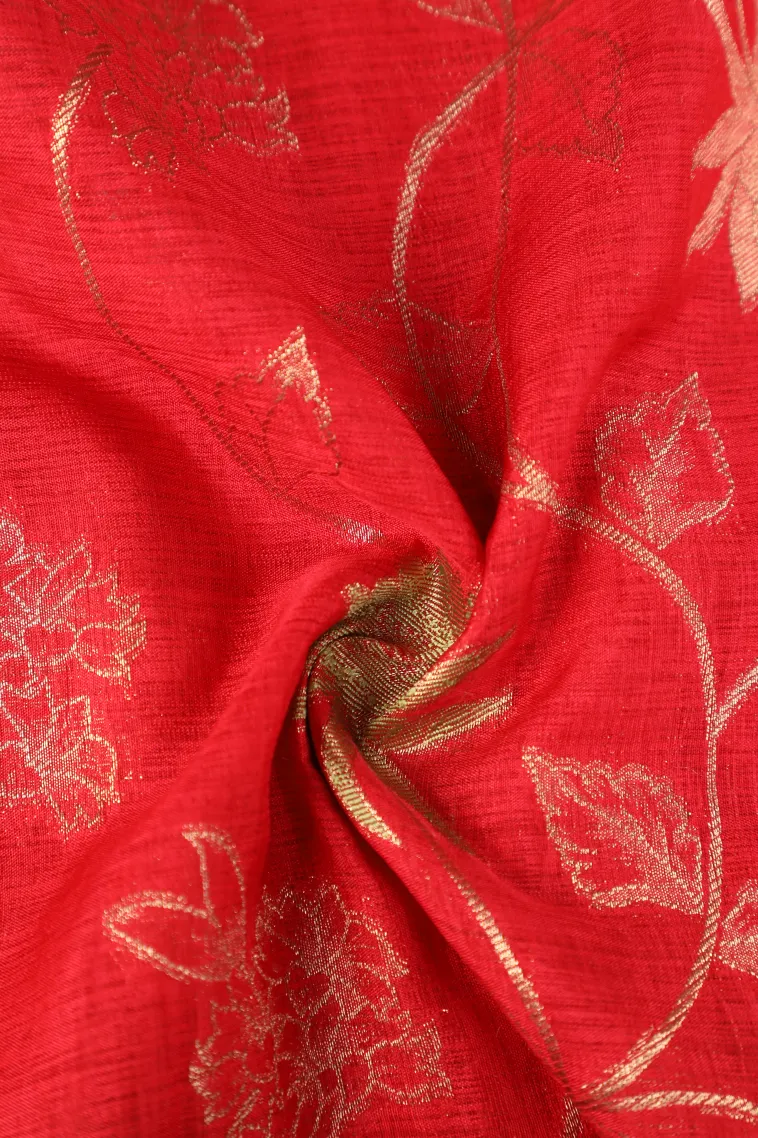 Candy Red Semi Tussar Silk with Bronze Zari Floral Patterns view 4