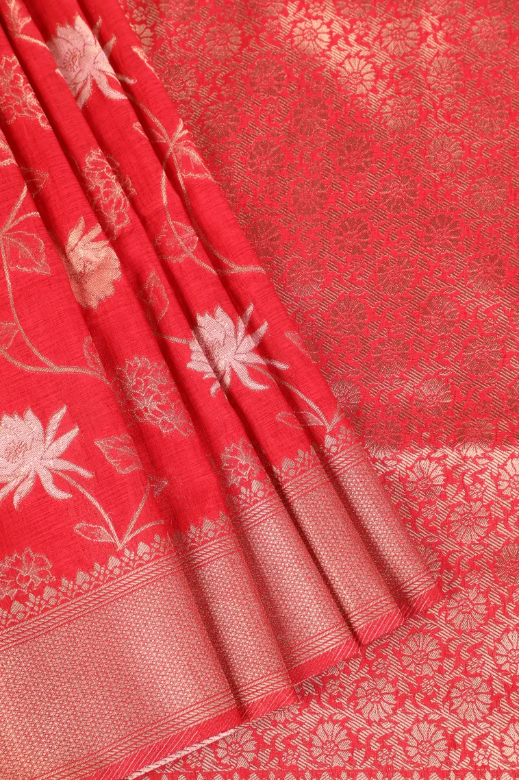 Candy Red Semi Tussar Silk with Bronze Zari Floral Patterns