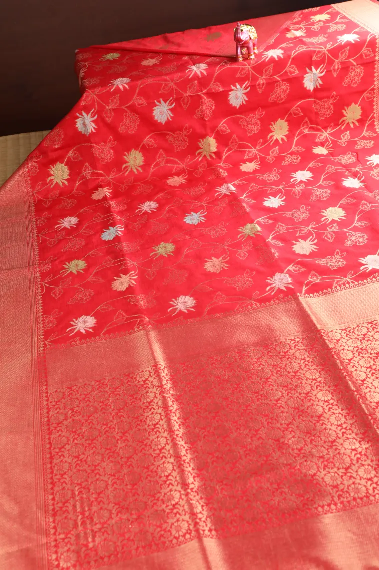 Candy Red Semi Tussar Silk with Bronze Zari Floral Patterns view 2