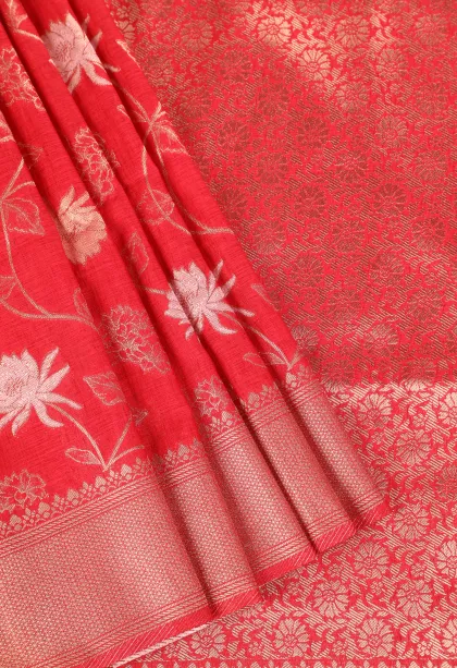 Candy Red Semi Tussar Silk with Bronze Zari Floral Patterns