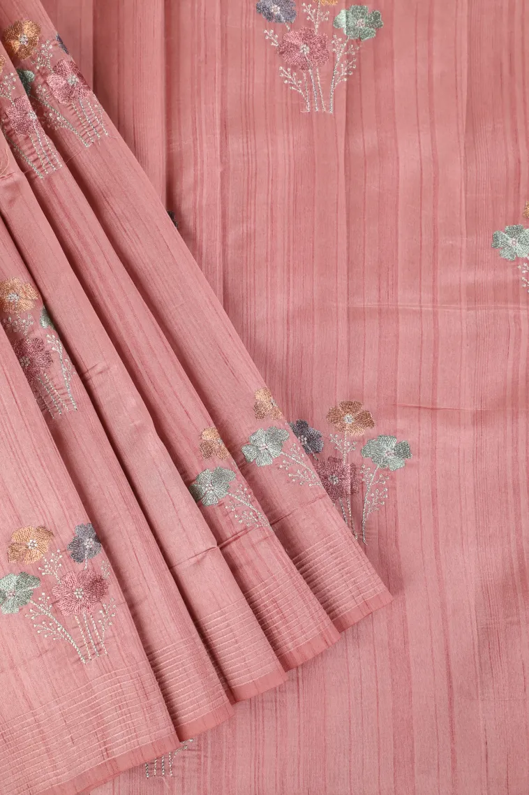 Lemonade Pink Raw Silk Sarees with Thread Zari Flower Mottif