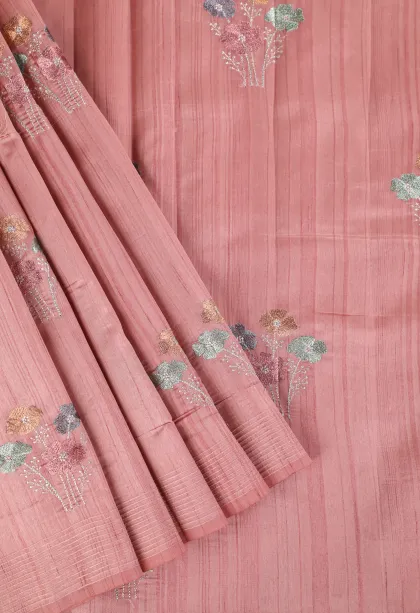 Lemonade Pink Raw Silk Sarees with Thread Zari Flower Mottif