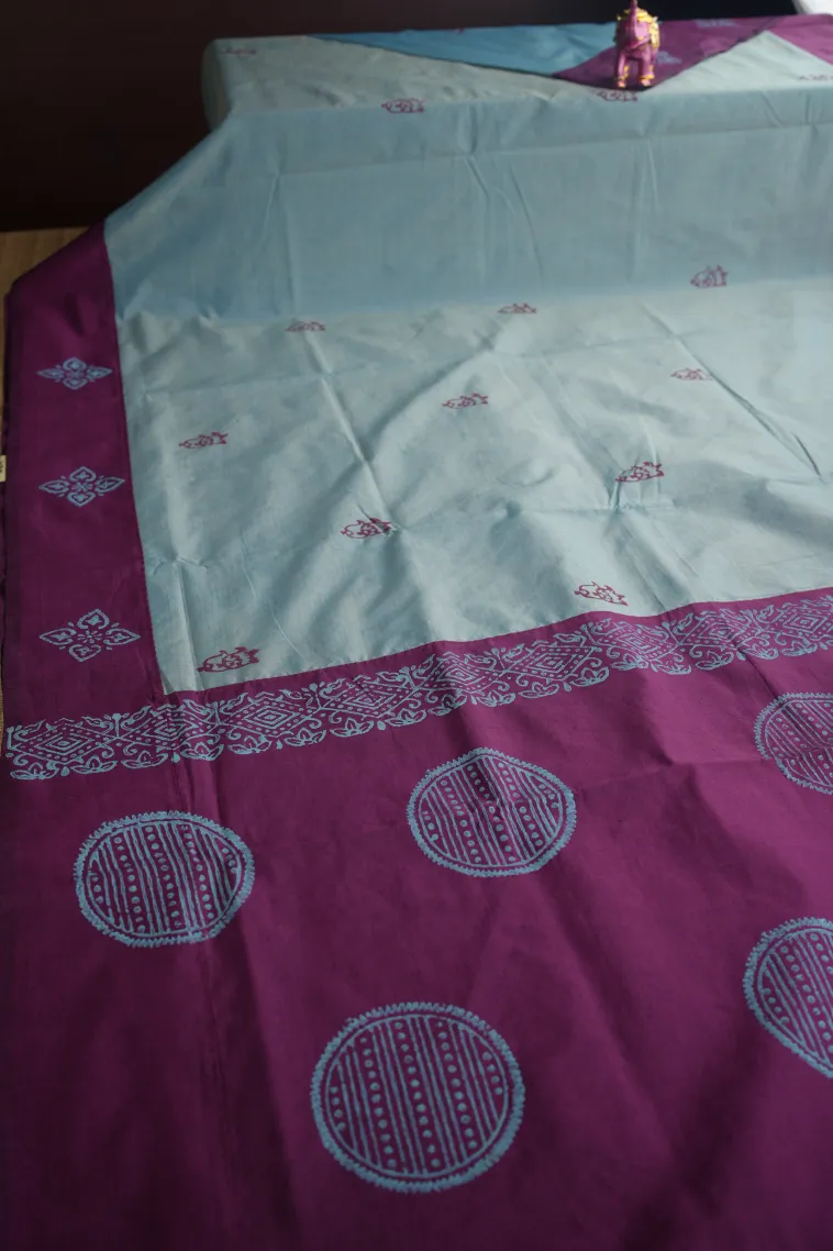 Sky Blue Poly Cotton Sarees Without Zari With Flower Mottif view 2