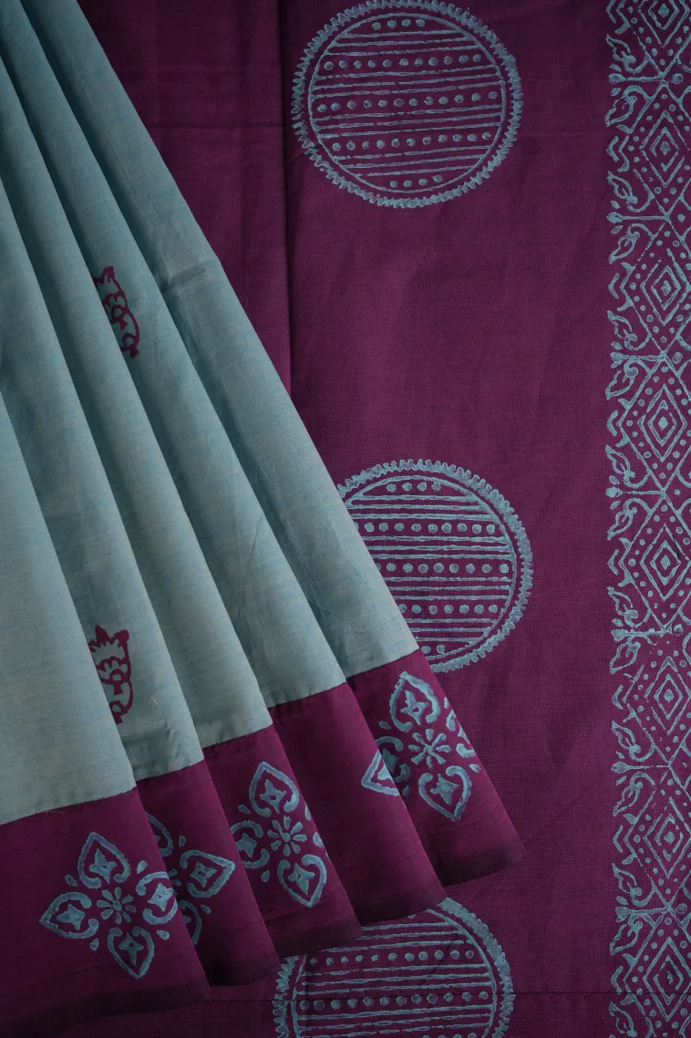 Sky Blue Poly Cotton Sarees Without Zari With Flower Mottif view 1