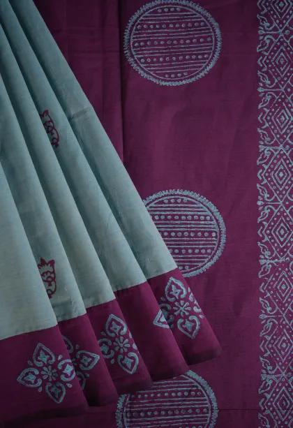 Sky Blue Poly Cotton Sarees Without Zari With Flower Mottif