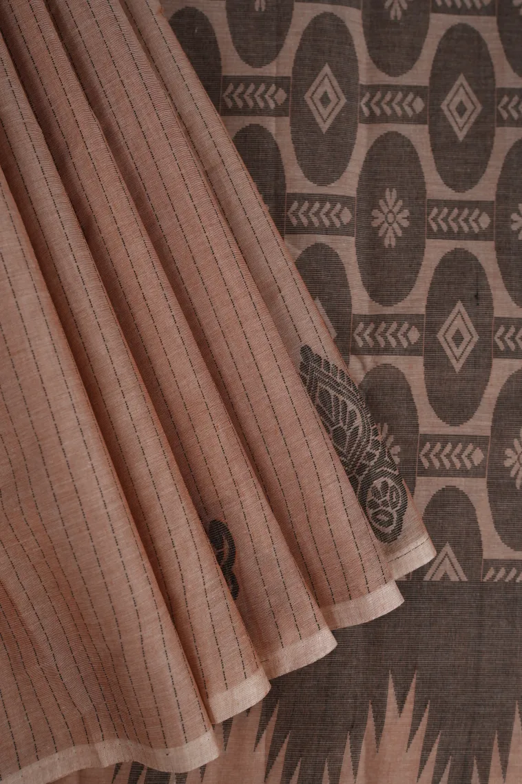 Peanut Brown Kanchi Cotton Sarees Without Zari With Stripes And Puttas