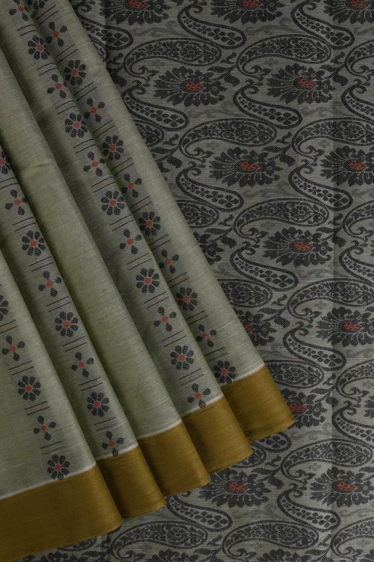 Pistachio Green Kanchi Cotton Sarees Without Zari With Floral Patterns