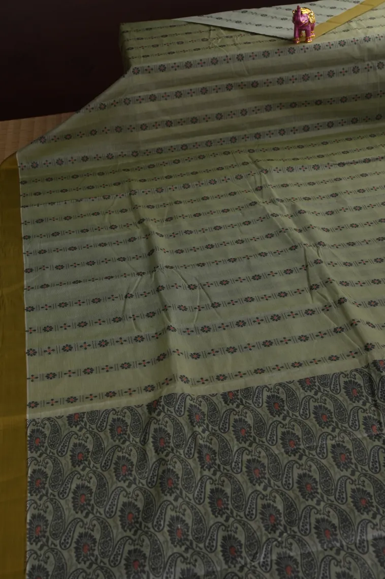 Pistachio Green Kanchi Cotton Sarees Without Zari With Floral Patterns view 2